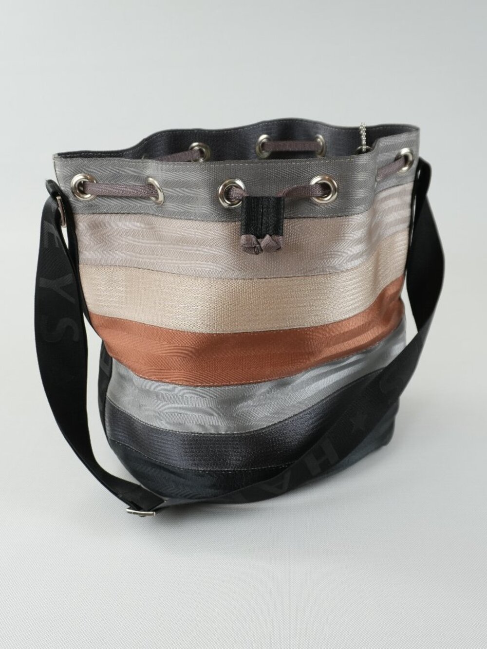 HARVEYS Large Metallic Striped Seatbelt Drawstring Bucket Bag Made in USA